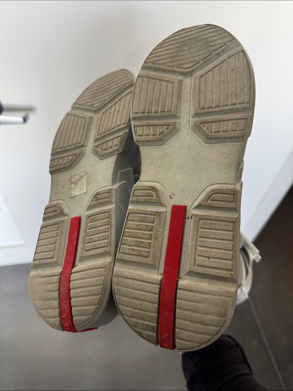 Prada Light Gray High-Top Lace-Up Boots with Red Logo Strap - Picture 4 of 4